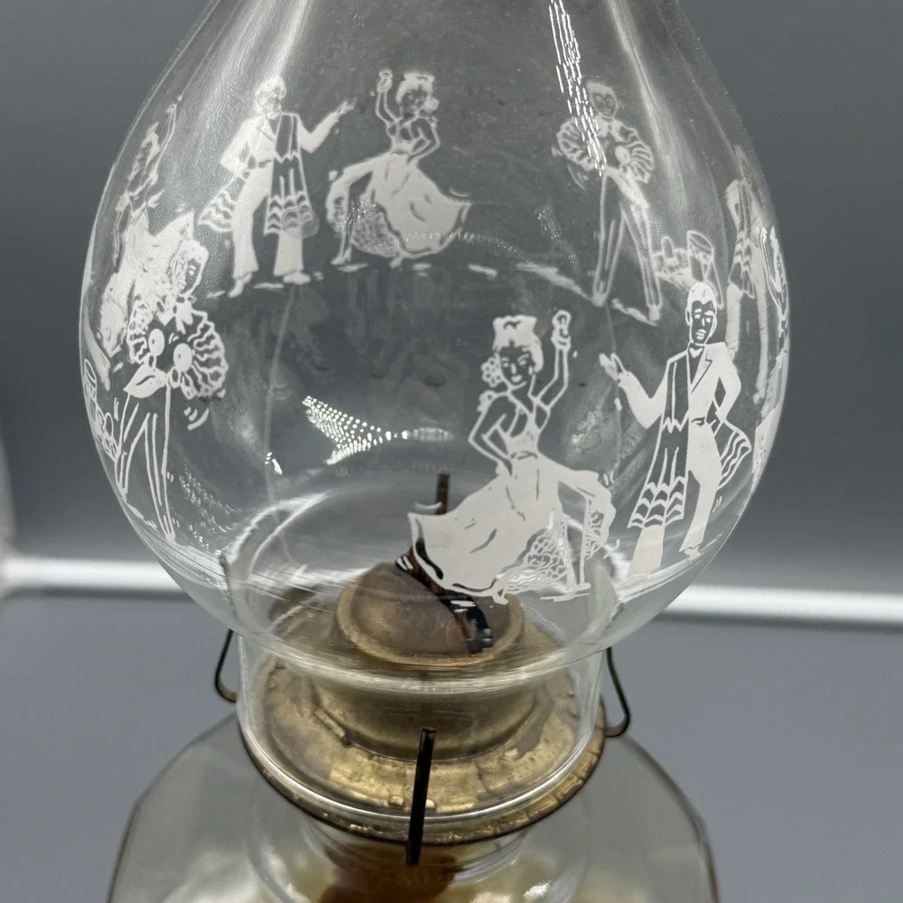 Vintage Amber Glass Oil Lamp Dancing Couple Etched Hurricane Lamp Kerosene Decor